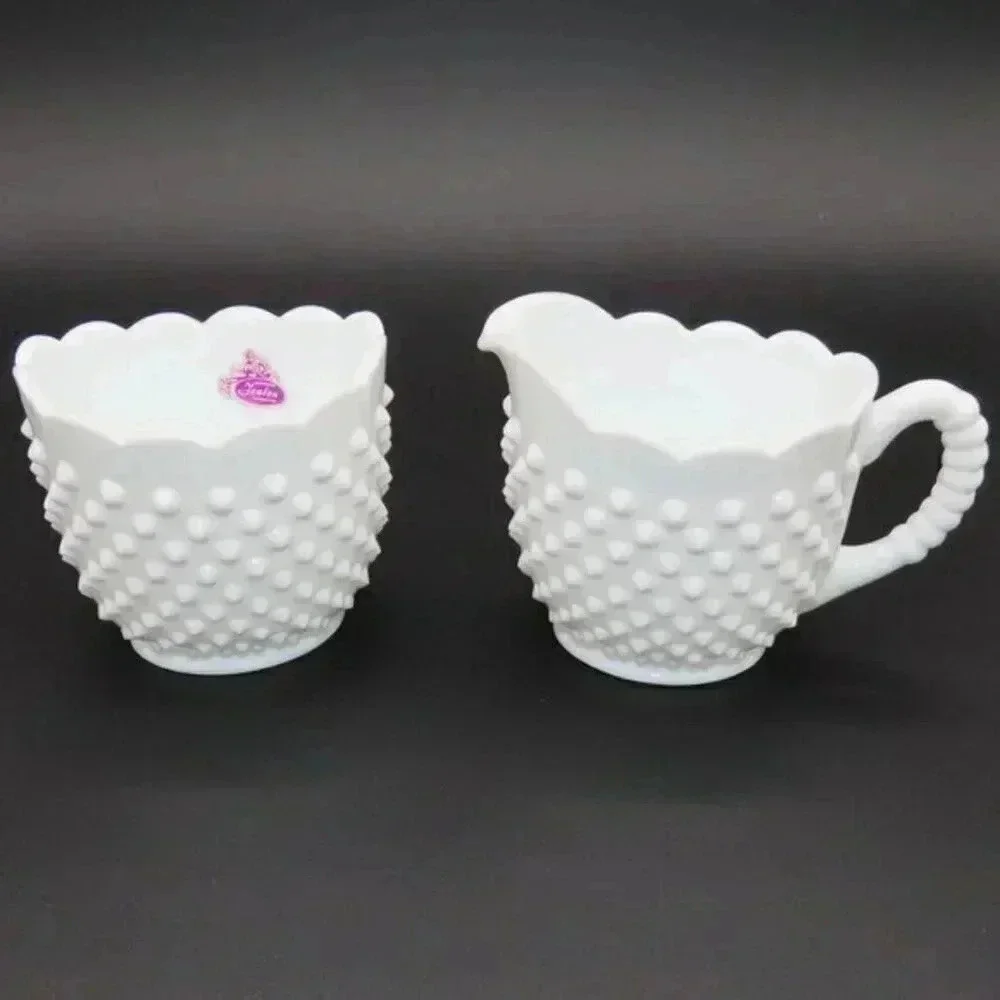 Vintage Fenton Oval Hobnail Milk Glass Sugar Bowl Creamer Set 1950s 1960s